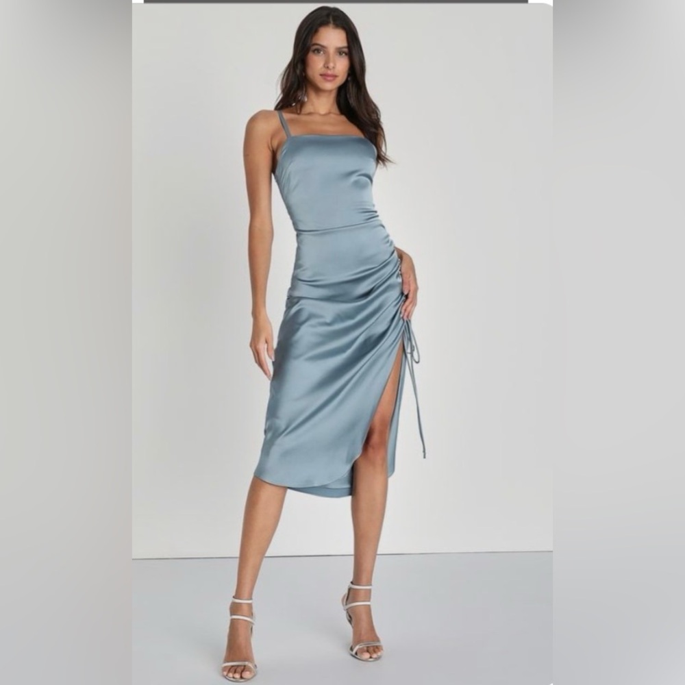 NWT Bonafide Babe slate blue satin ruched side midi dress size M